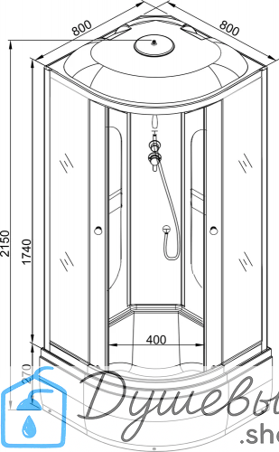 Душевая кабина AvaCan L 780 с гидромассажем, 80×80 см, четверть круга, стекло с узором, крыша, универсальная ориентация фото 17