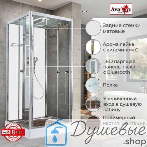 Душевая кабина AvaCan Z1910LEDMT 100×100 см, квадратная, прозрачное стекло, универсальная ориентация, крыша, гидромассаж. фото 3
